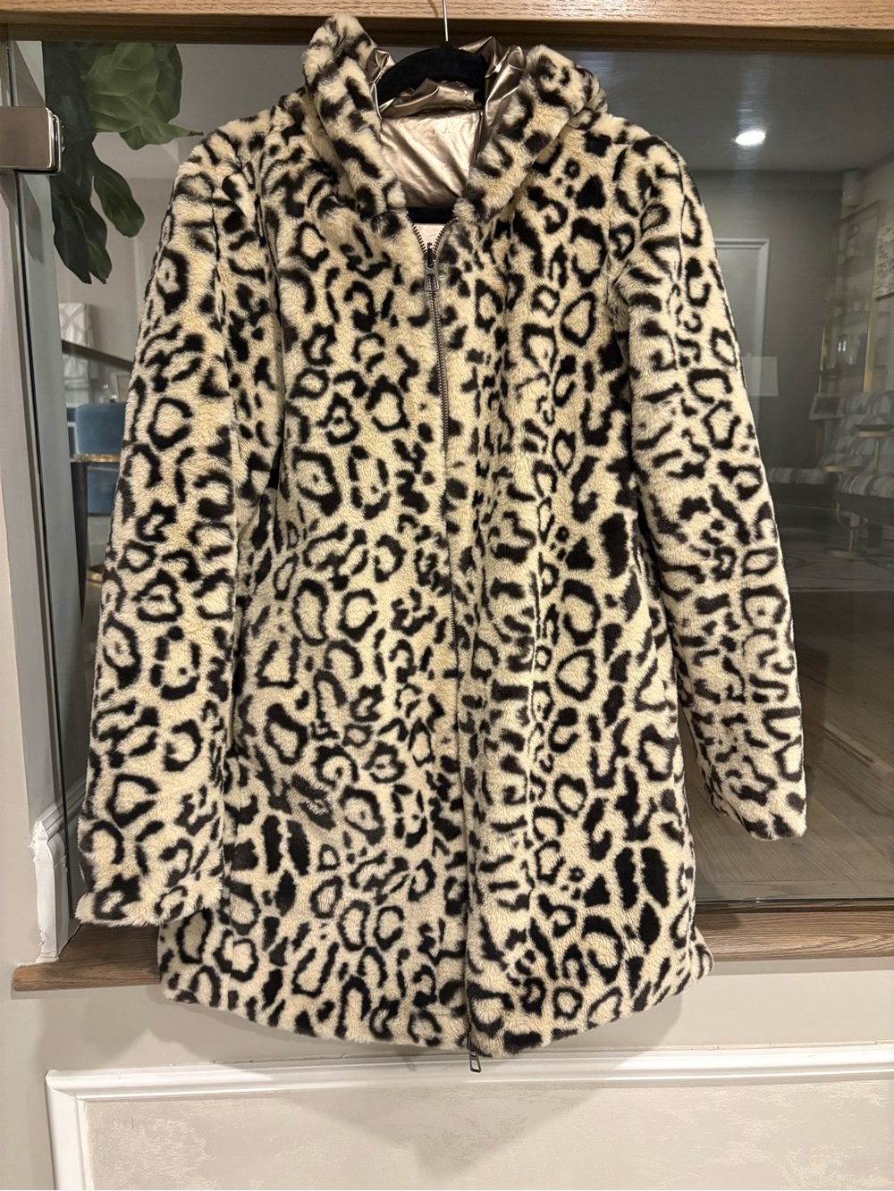 Faux Fur Leopard Print Hooded Coat - Cream/Chocolate Brown S/M